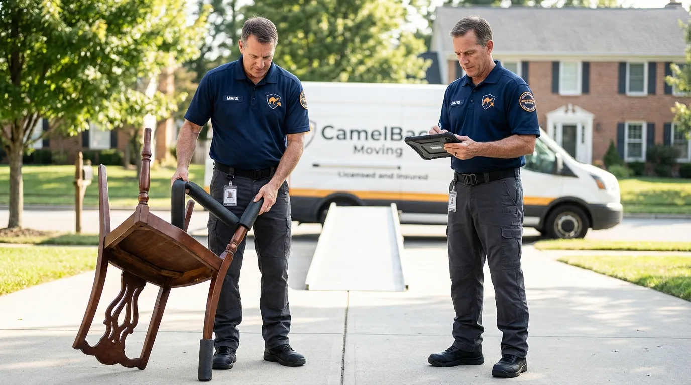 Movers inspecting furniture for damage prevention before loading in Duchesne, UT